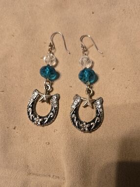 Teal Crystal and Silver Horseshoe Drop Earrings with Star Accent